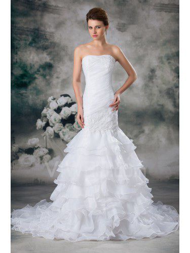 Organza Strapless Sweep Train Mermaid Embroidered Wedding Dress
