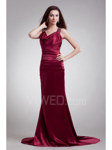 Satin Straps Sweep Train Column Embroidered Prom Dress