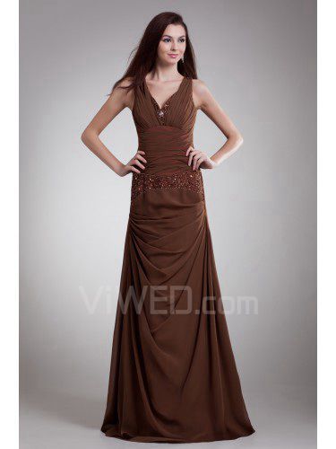 Chiffon V-Neck Floor Length Column Embroidered Prom Dress
