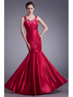 Satin Straps Sweep Train Mermaid Embroidered Prom Dress
