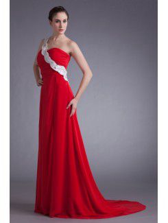 Chiffon One-Shoulder Sweep Train A-line Embroidered Prom Dress