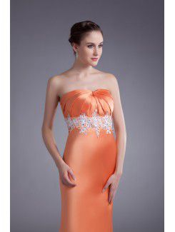 Satin Strapless Floor Length Sheath Embroidered Prom Dress