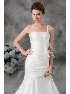 Satin One-Shoulder Sweep Train Sheath Feather Wedding Dress