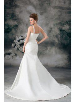 Satin One-Shoulder Sweep Train Sheath Feather Wedding Dress