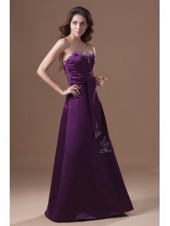 Satin Strapless Floor Length A-line Embroidered Prom Dress