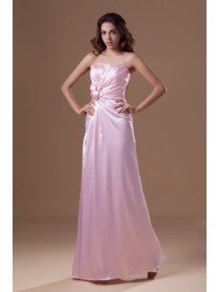Silk Strapless Floor Length A-line Hand-made Flowers Prom Dress