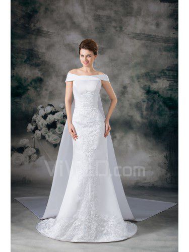 Satin Strapless Cathedral Train Sheath Embroidered Wedding Dress