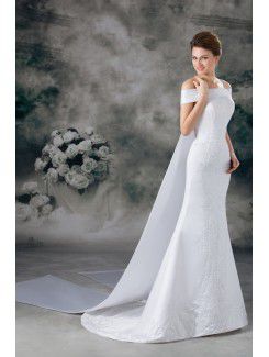 Satin Strapless Cathedral Train Sheath Embroidered Wedding Dress