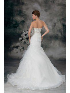 Organza Strapless Sweep Train Sheath Embroidered Wedding Dress