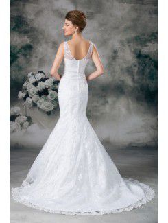 Lace V-Neck Sweep Train Sheath Wedding Dress