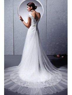 Tulle Lace V-Neckline Chapel Train A-Line Wedding Dress with Embroidered