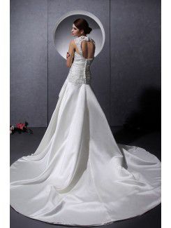 Tulle Satin Straps Chapel Train A-Line Wedding Dress with Beading and Ruffle