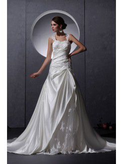 Tulle Satin Straps Chapel Train A-Line Wedding Dress with Beading and Ruffle