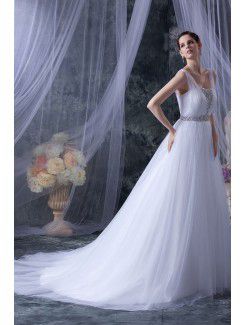 Tulle Square Chapel Train A-Line Wedding Dress with Sequins