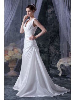 Satin V-Neckline Court Train A-Line Wedding Dress with Ruffle