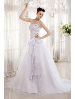 Organza and Charmeuse Sweetheart Court Train A-Line Wedding Dress with Embroidered and Sequins