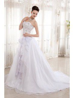 Organza and Charmeuse Sweetheart Court Train A-Line Wedding Dress with Embroidered and Sequins
