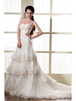 Tulle Straps Chapel Train A-Line Wedding Dress with Embroidered