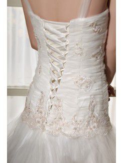 Tulle Straps Chapel Train A-Line Wedding Dress with Embroidered