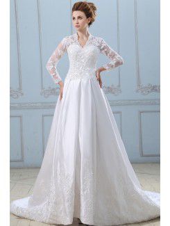 Satin V-Neckline Chapel Train A-Line Wedding Dress with Lace Jacket