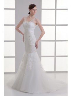 Satin and Net Straps Mermaid Floor Length Embroidered Wedding Dress