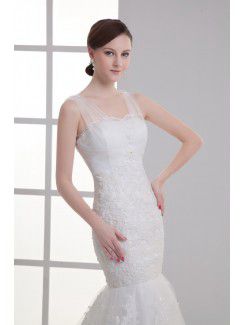 Satin and Net Straps Mermaid Floor Length Embroidered Wedding Dress