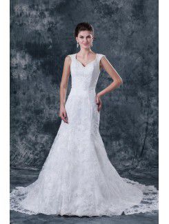 Атласная v-образным вырезом часовня поезд-line свадебное платье с вышитым бисером
