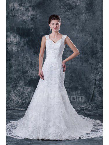 Satin V-Neckline Chapel Train A-Line Wedding Dress with Embroidered Beading