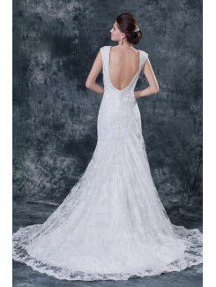 Satin V-Neckline Chapel Train A-Line Wedding Dress with Embroidered Beading