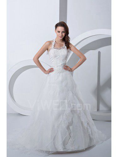 Satin and Tulle Halter Court Train A-Line Wedding Dress with Embroidered