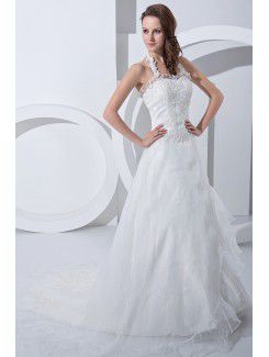 Satin and Tulle Halter Court Train A-Line Wedding Dress with Embroidered