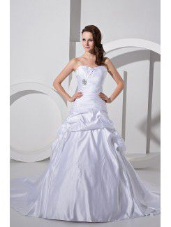 Satin Sweetheart Cathedral Train A-Line Wedding Dress with Ruffle Rhinestones