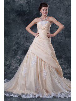 Gauze Strapless Chapel Train A-Line Wedding Dress with Embroidered and Sequins