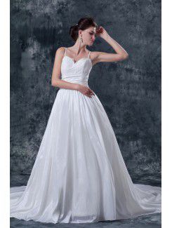 Satin Tulle Spaghetti Court Train A-Line Wedding Dress with Embroidered