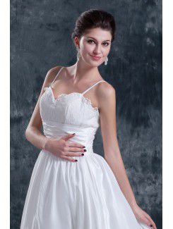 Satin Tulle Spaghetti Court Train A-Line Wedding Dress with Embroidered