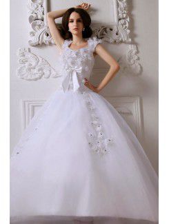 Satin Straps Sweep Train Ball Gown Wedding Dress with Embroidered and Applique