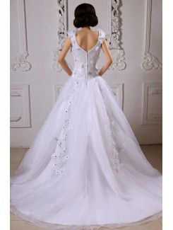 Satin Straps Sweep Train Ball Gown Wedding Dress with Embroidered and Applique
