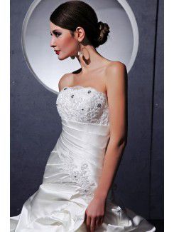 Satin Tulle Strapless Chapel Train Ball Gown Wedding Dress with Ruffle Embroidered