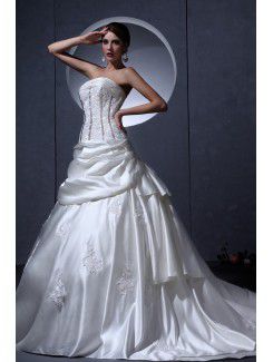Satin Strapless Court Train Ball Gown Wedding Dress with Embroidered