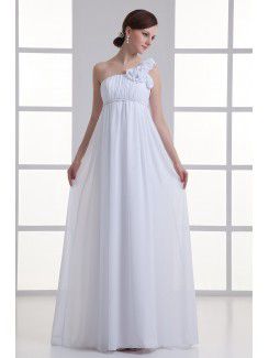 Chiffon One-Shoulder Empire line Floor Length Hamd-made Flowers Wedding Dress