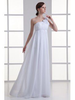 Chiffon One-Shoulder Empire line Floor Length Hamd-made Flowers Wedding Dress