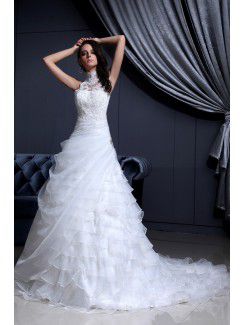 Lace High Collar Chapel Train A-Line Wedding Dress with Sequins and Rhinestones