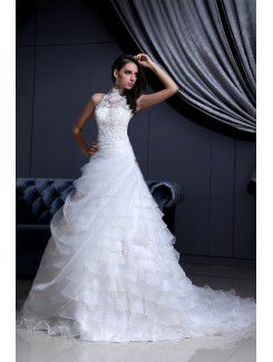 Lace High Collar Chapel Train A-Line Wedding Dress with Sequins and Rhinestones