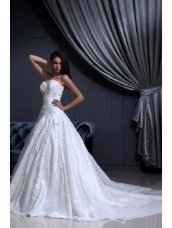 Satin Sweetheart Chapel Train A-Line Wedding Dress with Embroidered Beading Ruffle