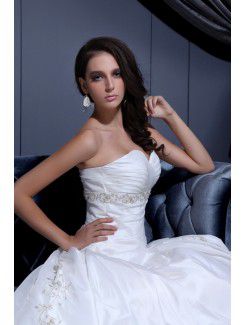 Satin Sweetheart Chapel Train A-Line Wedding Dress with Embroidered Beading Ruffle