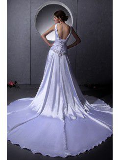 Satin V-Neck Chapel Train A-Line Wedding Dress with Beading