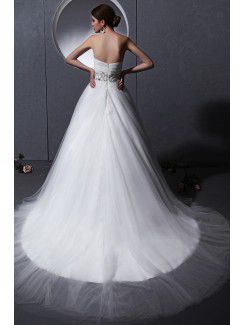 Tulle Sweetheart Chapel Train A-Line Wedding Dress with Embroidered and Rhinestones