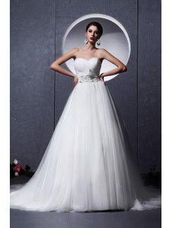Tulle Sweetheart Chapel Train A-Line Wedding Dress with Embroidered and Rhinestones