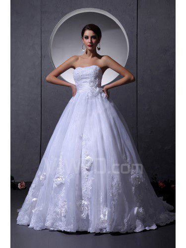 Organza Strapless Chapel Train Ball Gown Wedding Dress with Flowers and Embroidered