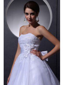 Organza Strapless Chapel Train Ball Gown Wedding Dress with Flowers and Embroidered